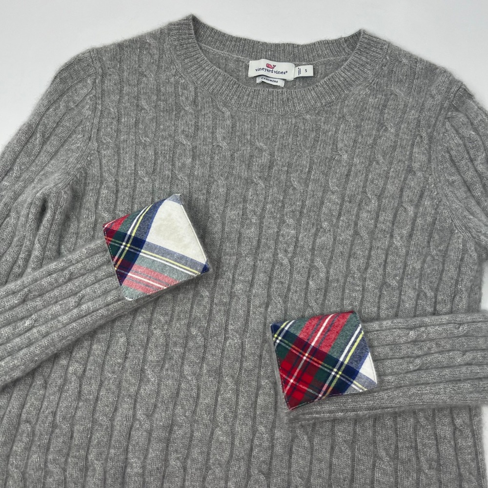 Vineyard Vines Womens Gray 100% Cashmere Cable Knit Plaid Cuff Sweater Small